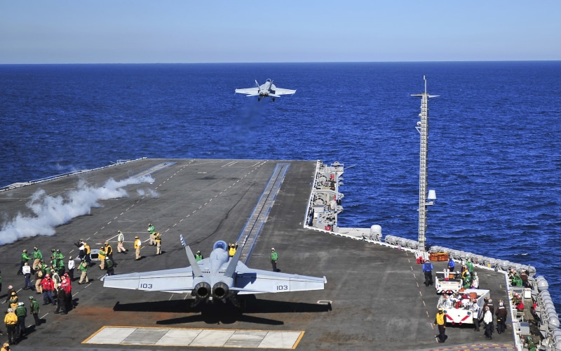 ocean, navy, ships, fly, airplane, fighter, people, deck, carrier, 1080P, sea, sky, flight, boats, jets, aircraft, steam, weapons, military