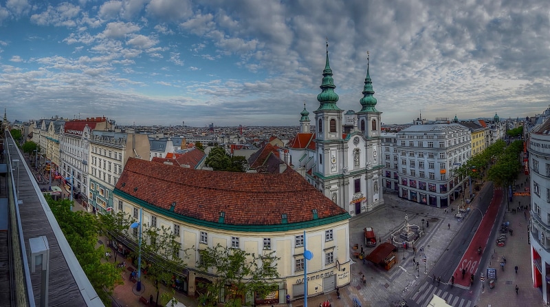 sky, street, concrete, brown, clouds, building, Austria, home, church, 2K, white, intersection, Vienna, Mariahilf