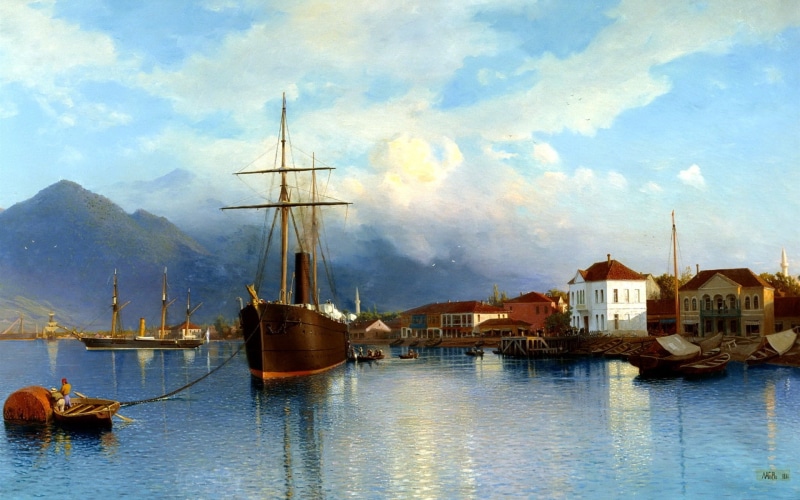 galleon, Boat, Painting, Mountains, wooden, 1080P, Clouds, Water, Ship, Bay, brown, Sky