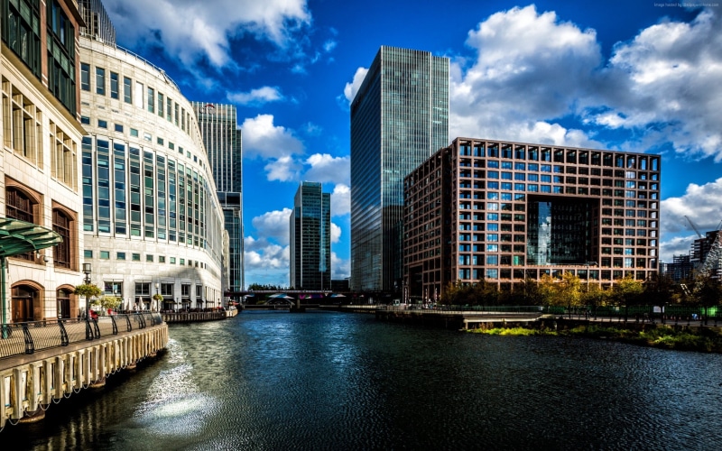 travel destinations, architecture, financial district, office building exterior, sky, water, nature, wharf, built structure, building, 2K, desktop, no people