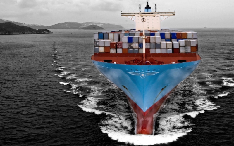 blue, Maersk, outdoors, waterfront, transportation, sea, nature, waves, tranquility, beauty in nature, sky, land, red, tranquil scene, mountain, 1080P