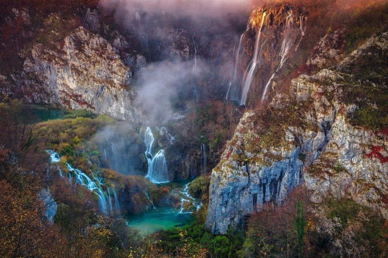 trees, waterfall, 1080P, forest, Croatia, National Park Plitvice lakes, rocks, mountains