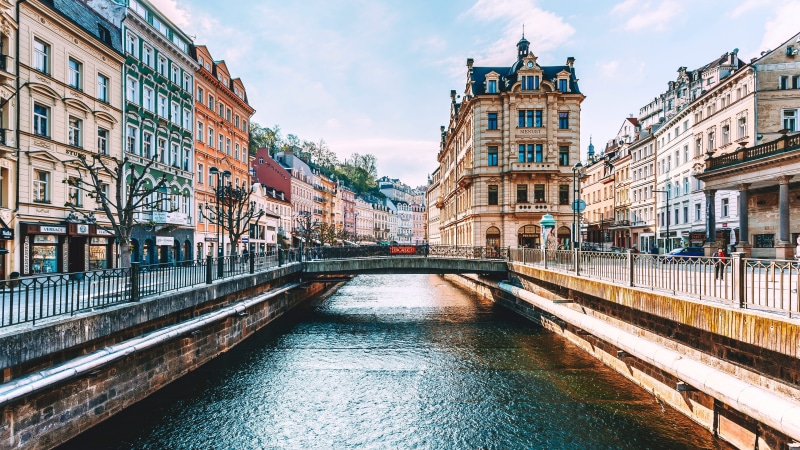 4K, czech republic, channel, karlovy vary, metropolis, czech, watercourse, street, water, sky, river, bridge, reflection, europe, plaza, cityscape, city