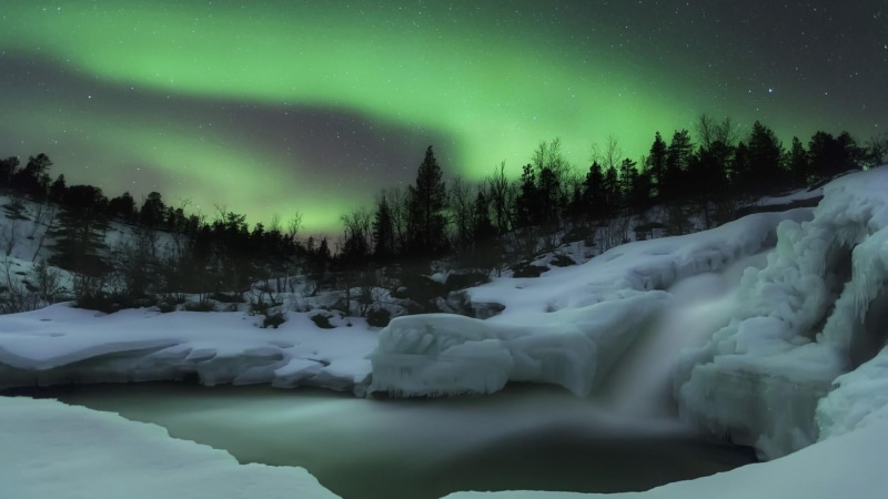 winter, idyllic, scenics - nature, watercourse, frozen, green color, tranquility, cold temperature, nature, aurora borealis, no people, starry night, arctic