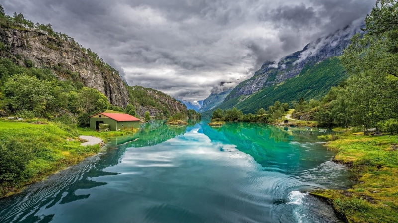 nordfjorden, idyllic, turquoise colored, mountain, beauty in nature, cloud, no people, loen, cloudy, non-urban scene, scenics - nature, day, watercourse
