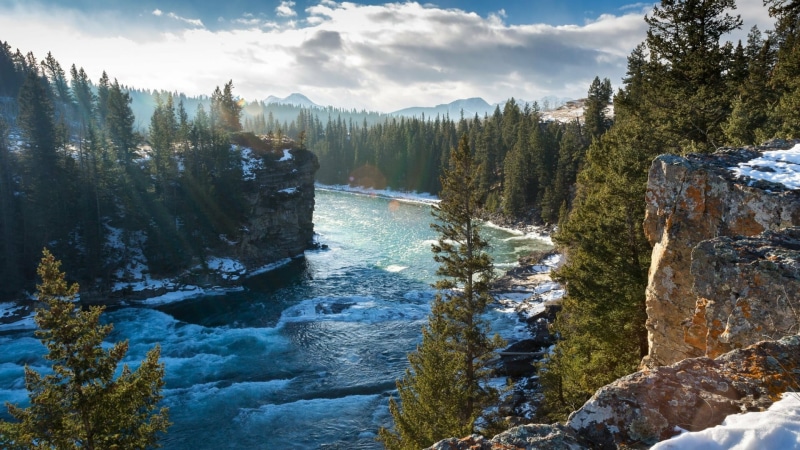 scenics - nature, winter, non-urban scene, canada, nature, sunlight, bow river, watercourse, tranquil scene, power in nature, cloud, 1080P, day, river