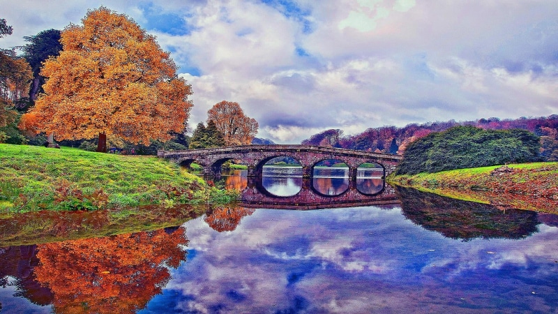 autumn, architecture, canal, beauty in nature, 1080P, transportation, united kingdom, plant, stourhead gardens, scenics - nature, change, tranquility