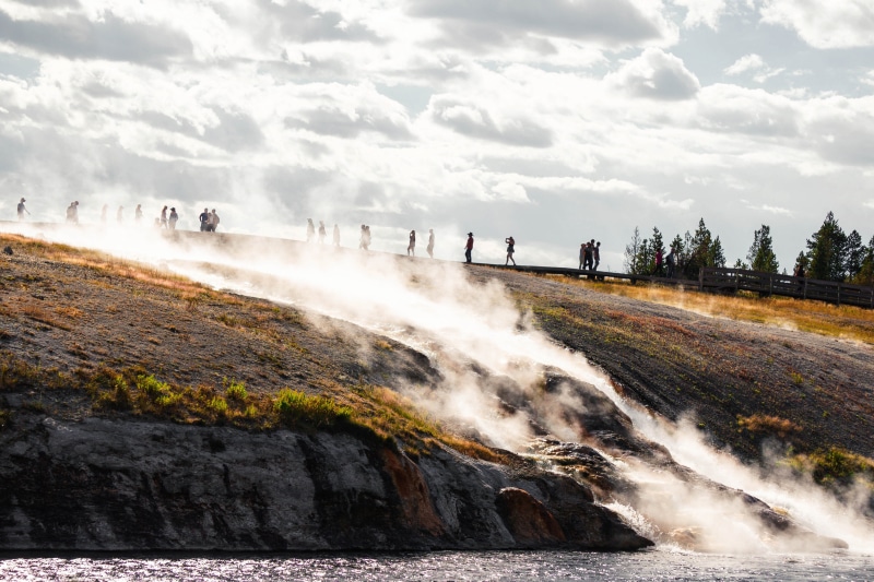 tourist, beauty in nature, day, fog, prismatic, sky, water, united states, incidental people, lake, flowing water, nature, scenics - nature, motion, geyser