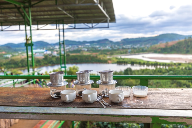aroma, freshness, outdoors, coffee, sky, food and drink, da lat, restaurant, mug, coffee plantation, 5K, table, vietnam, nature, wood, setting, caffeine