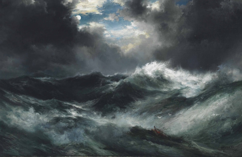 the moon, marinistic, light, night, clouds, storm, sea, wave, 2K, thomas moran, picture, shipwreck, moonlight shipwreck at sea