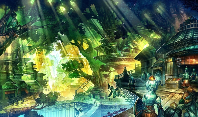cityscapes, architecture, trees, art, brunettes, landscapes, hd, video, games, skirts, Green, houses, flying, lon, wings, forest, 720P, touhou