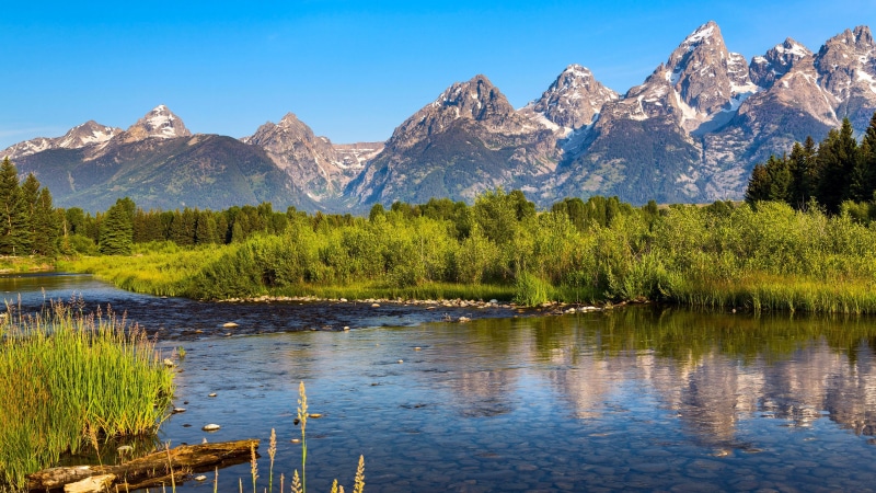 national park, sky, beauty in nature, tranquility, bank, no people, tree, mountain range, mountain peak, land, grand teton, nature, water, snowcapped mountain