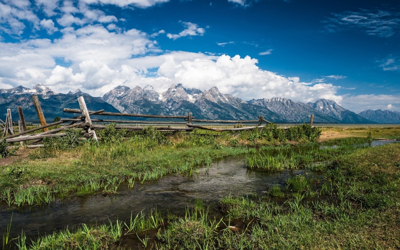 nature, cloud - sky, scenics - nature, fence, swamp, lake, 2K, mountain range, grass, snowcapped mountain, day, tranquility, no people, mountain, beauty in nature