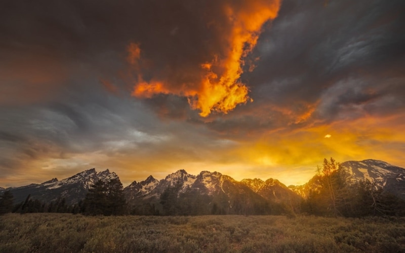 clouds, cloud - sky, tranquil scene, dramatic sky, idyllic, land, 480P, tree, mountain, sunset, beauty in nature, mountain range, no people, Grand Teton National Park
