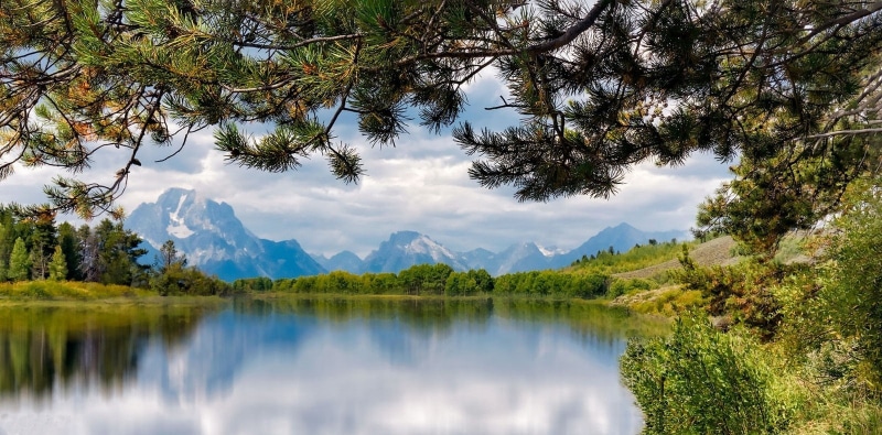trees, river, 720P, landscape, clouds, shrubs, nature, Grand Teton National Park, mountains, photography, Wyoming