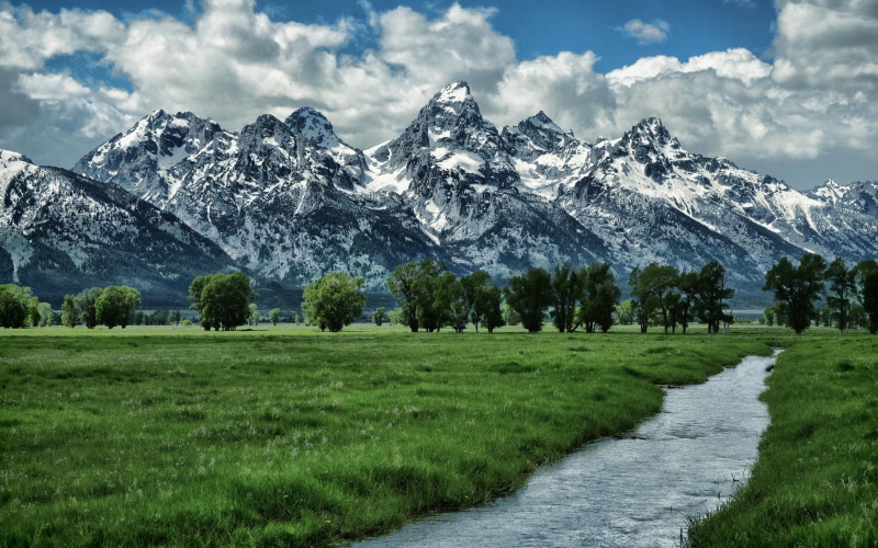2K, mountain range, no people, tree, landscape, green, snow, river, park, u, s, meadow, land, teton, tranquil scene, national, field, cold temperature
