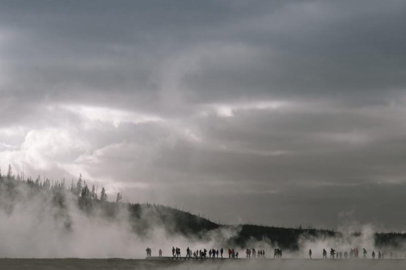 nature, near, water, smoke, beach, steam, fogs, park, plant, tree, walking, national park service, non-urban scene, land, people, sky, midway geyser basin
