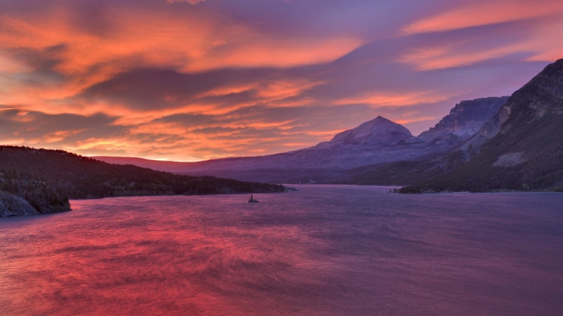 fantastic, mountains, forest, 1080P, river, np, nature and landscapes, clouds, glacier, pink, lscape