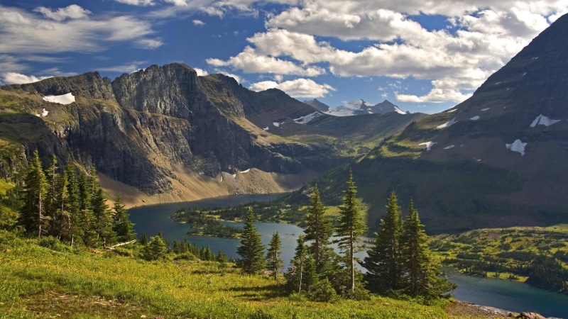 trees, np, nature and landscapes, 1080P, mountains, grass, montana, glacier, hidden, lake