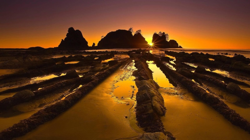 sunset, 1080P, beach, hour, olympic, golden, rocks, lines, wondrous, np, nature and landscapes, washington