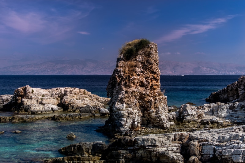 sea, 5K, stack rock, greece, solid, no people, non-urban scene, blue, horizon, beauty in nature, saltwater, rocky coastline, eroded, trees, rock - object