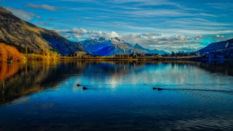 bank, queenstown, new zealand, morning, mountain range, fjord, waterscape, blue sky, lake hayes, otago, mountain, mount scenery, lake, blue water, arrowtown