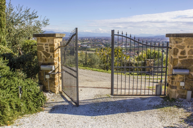architecture, security, italy, tree, tuscany, outdoors, built structure, vista, sky, road, gate, park, safety, viale, boundary, nature, day, protection