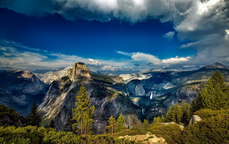 scenery, clouds, idyllic, environment, mountains, national park, pine tree, mountain peaks, trees, ravine, green, beauty in nature, sky, nature, forest