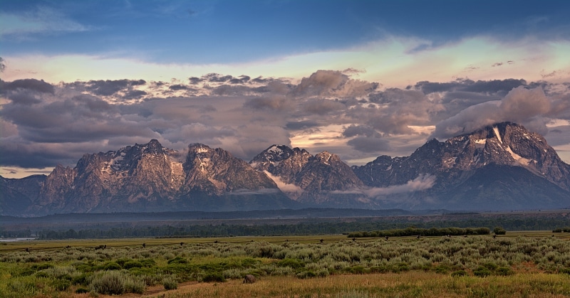 pasture, land, semi-arid, landscape, jackson wy, outdoors, scenics - nature, cloud - sky, wyoming, dramatic sky, nature, green, morning, split rail fence