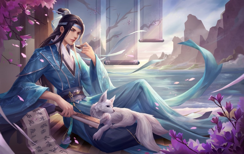 fantasy, guy, lake, fan, 4K, WY C, art, Illustration of the character, rocks, Fox