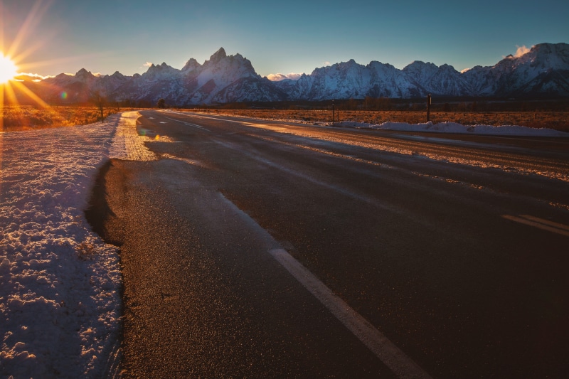 wy, outdoors, tranquil scene, nature, landscape, transportation, grand tetons national park, beauty in nature, asphalt, sand, environment, golden, sky