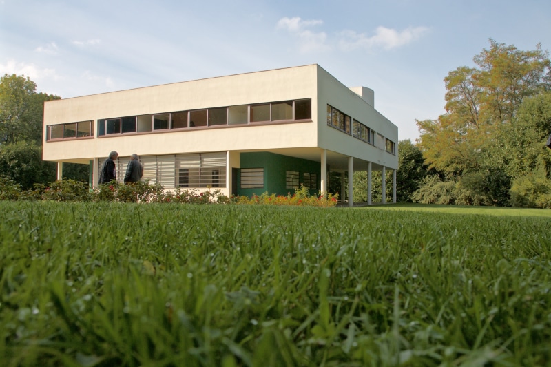 green color, field, tree, yvelines, sunlight, growth, villa savoye, no people, grass, park, nature, garden, sky, education, france, monument, building