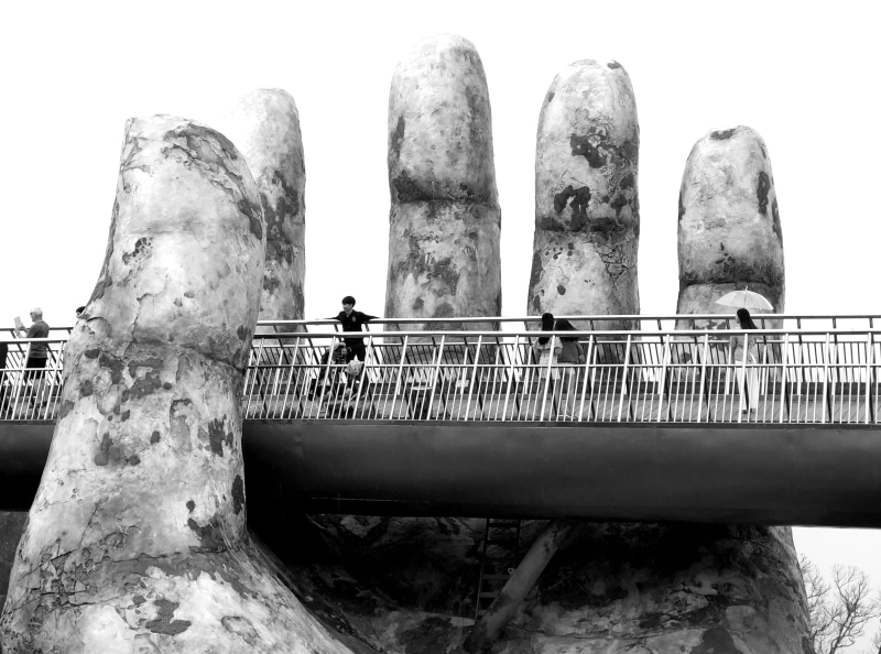blackandwhite, handrail, architectural column, sky, hand, giant hand, outdoors, ba na hills, day, architecture, low angle view, the past, banahill, da nang