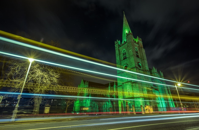 Light, cathedral, saintpatrick, Urban, Holiday, Trails, 1080P, Ireland, patrick, City, saint, exterior, stpatrick, Europe, Dublin, Photography, Green