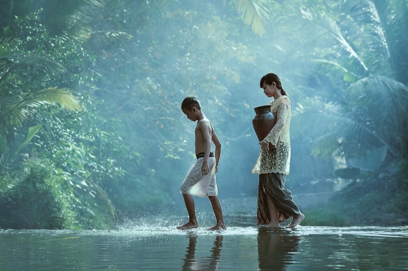 standing, 1080P, child, kids, men, river, two people, outdoors, pitcher, village, go, ankle deep in water, back home, lifestyles, s, leisure activity