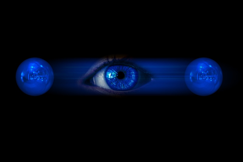 close-up, digital composite, black background, people, born, technology, indoors, projection, human eye, quantum physics, copy space, security, body part