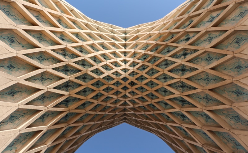 ceiling, concrete, azadi, brown, pattern, building exterior, tehran, clear sky, built structure, sky, travel destinations, arch, nature, history, no people