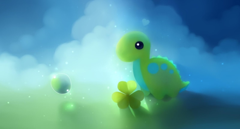 dino, green, bubbles, shamrock, gems, cute, clover, apofiss, bubble, rock, dinosaur, blue, 1080P, cloud