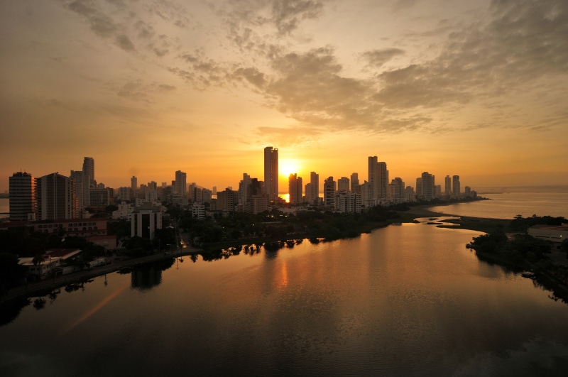 modern, cityscape, built structure, golden, skyscraper, reflection, cartagena de indias, water, hour, waterfront, asia, buildings, sunset, tall - high