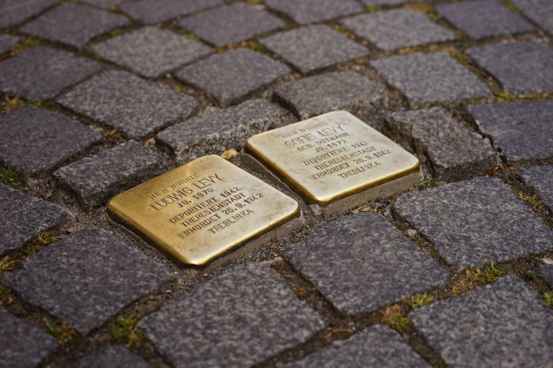 close-up, paving stone, outdoors, brass plates, cobblestone, selective focus, ground, communication, ns time, art, paving stones, brass plaque, high angle view