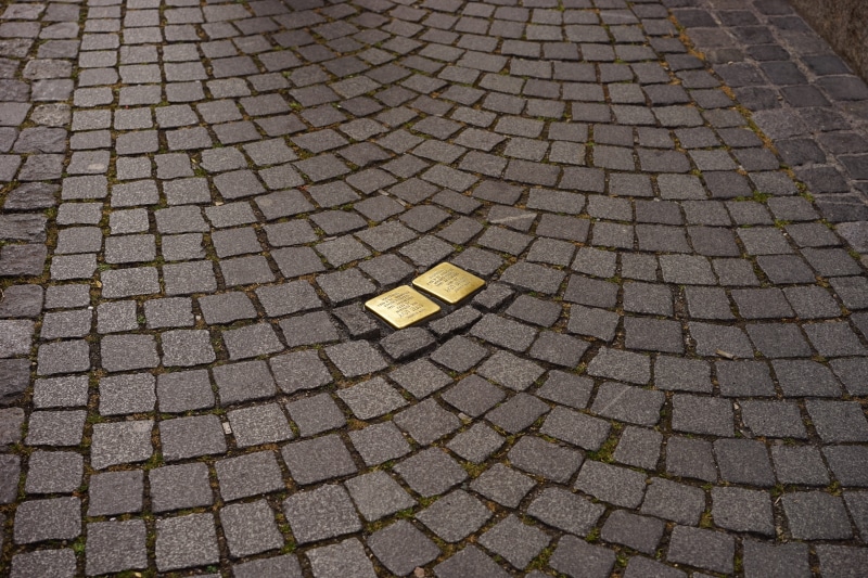 day, ulm, art, gunter demnig, brass plaque, no people, street, ns time, high angle view, yellow, road, 5K, design, outdoors, brass plates, memorial tablets