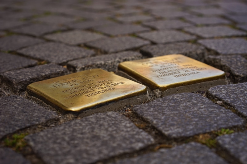 national socialism, selective focus, paving stones, street, city, text, day, road, cobblestone, communication, ns time, art, gold colored, ingot, outdoors