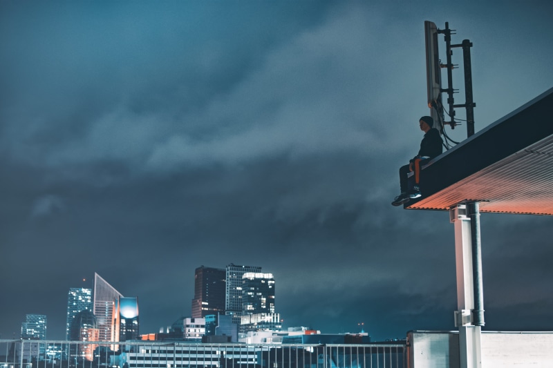 cloud - sky, industry, downtown, sunset, man, urban skyline, transportation system, tallest, bridge, daredevil, dark clouds, illuminated, atop, no people