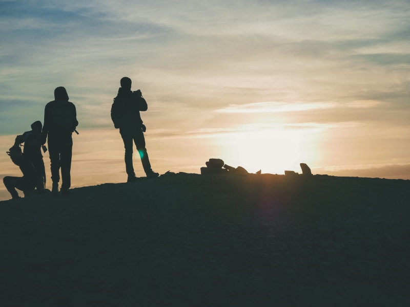 landscape, sky, sun, silhouette, people, group, atop, adult, leisure activity, 4K, land, friendship, togetherness, men, hill, cloud - sky, scenics - nature