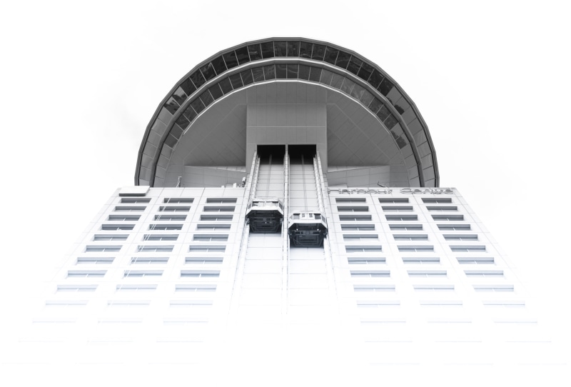 over exposed, day, city, skyscraper, canada, outdoors, heaven, low, mode of transportation, built structure, gray, daytime, bottom view, atop, sky, building exterior