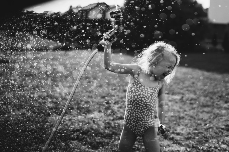 monochrome, grass, laughing, hose, water, children, 1080P