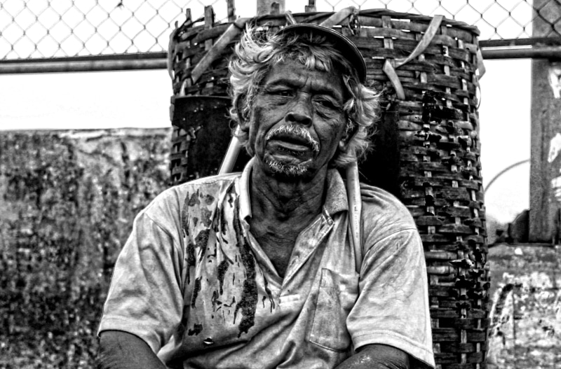 manual work, working, monochrome, old, poor, looking away, day, outdoors, leisure activity, labor, front view, portrait, black and white, worker, social issues