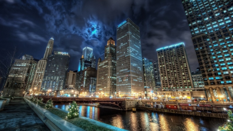 1080P, night, city, skyscraper, Chicago, cityscape, HDR, building
