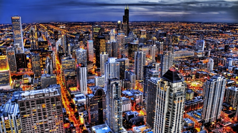 residential district, illuminated, city, modern, financial district, travel destinations, crowded, skyline, cityscape, Chicago, 1080P, built structure