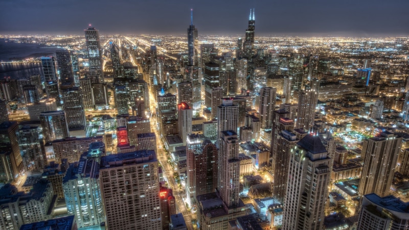 HDR, city, aerial, photography, financial district, modern, building, office, high angle view, lights, spire, skyscraper, night, outdoors, crowd, residential district